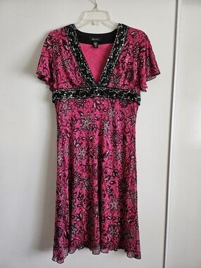 Vintage Identity Y2K 100% Silk Pink Black Floral Beaded Maxi Dress Fairy Medium